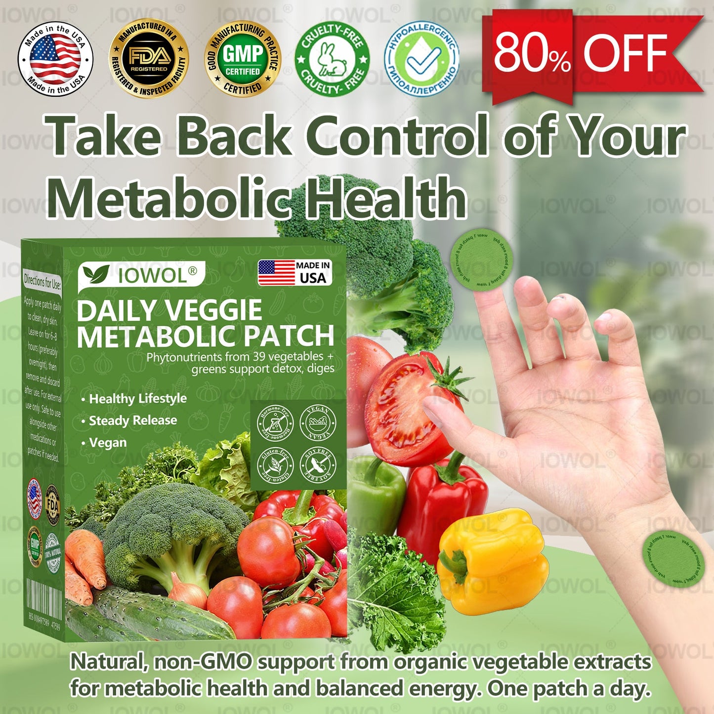 𝐈𝐎𝐖𝐎𝐋® 𝐃𝐚𝐢𝐥𝐲 𝐕𝐞𝐠𝐞𝐭𝐚𝐛𝐥𝐞 𝐌𝐞𝐭𝐚𝐛𝐨𝐥𝐢𝐜 𝐏𝐚𝐭𝐜𝐡 𝐮𝐬𝐞𝐬 𝐨𝐫𝐠𝐚𝐧𝐢𝐜 𝐯𝐞𝐠𝐞𝐭𝐚𝐛𝐥𝐞 𝐞𝐱𝐭𝐫𝐚𝐜𝐭𝐬 𝐚𝐧𝐝 𝐩𝐡𝐲𝐭𝐨𝐧𝐮𝐭𝐫𝐢𝐞𝐧𝐭𝐬 𝐟𝐫𝐨𝐦 𝟑𝟗 𝐯𝐞𝐠𝐞𝐭𝐚𝐛𝐥𝐞𝐬 + 𝐠𝐫𝐞𝐞𝐧𝐬 𝐭𝐨 𝐬𝐮𝐩𝐩𝐨𝐫𝐭 𝐝𝐞𝐭𝐨𝐱, 𝐝𝐢𝐠𝐞𝐬𝐭𝐢𝐨𝐧 & 𝐦𝐞𝐭𝐚𝐛𝐨𝐥𝐢𝐜 𝐫𝐞𝐬𝐞𝐭, 𝐚𝐧𝐝 𝐛𝐨𝐨𝐬𝐭 𝐞𝐧𝐞𝐫𝐠𝐲 𝐟𝐨𝐫 𝐚𝐥𝐥-𝐝𝐚𝐲 𝐰𝐞𝐥𝐥𝐧𝐞𝐬𝐬