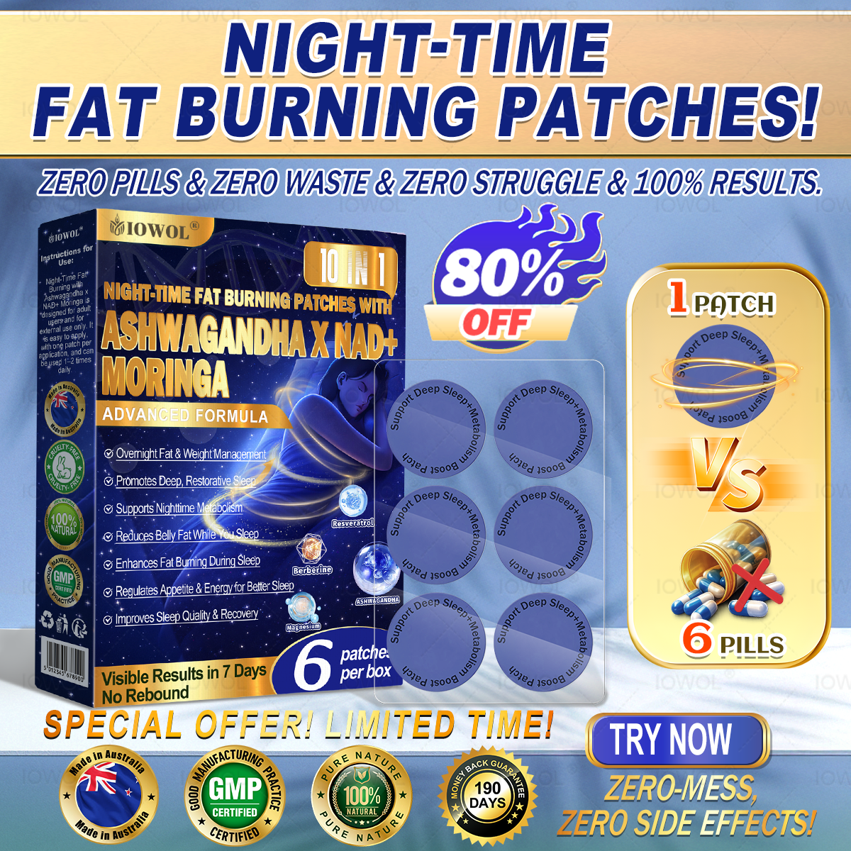 IOWOL ® NIGHT-TIME FAT BURNING PATCHES! ZERO PILLS & ZERO WASTE & ZERO STRUGGLE & 100% RESULTS
